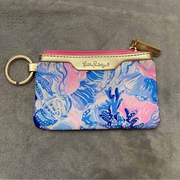 Lilly Pulitzer card and ID key ring holder zipper pouch pink blue 4506 - Picture 2 of 8